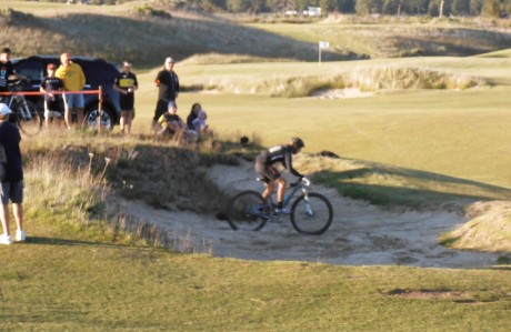 Bunny-hopping the bunker at Tetherow